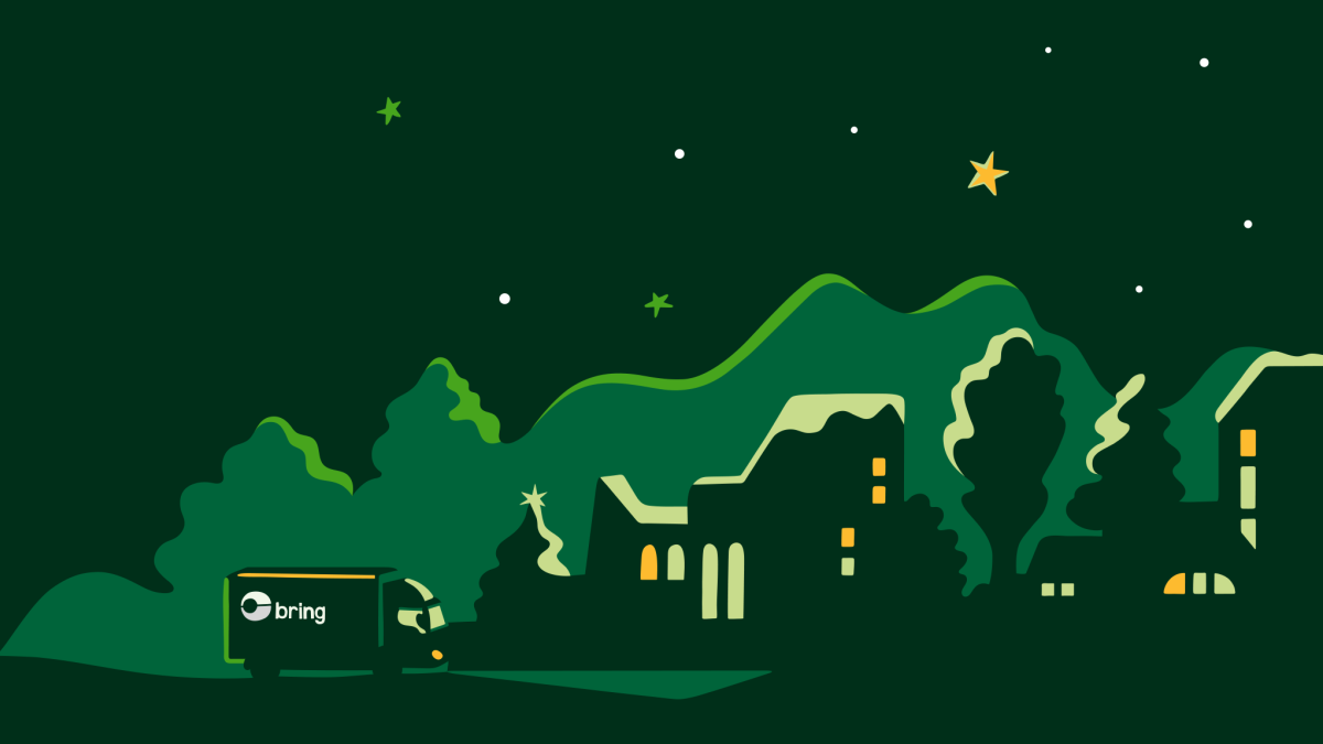 Illustration where the background is green and a Bring car is driving in a street with several houses.