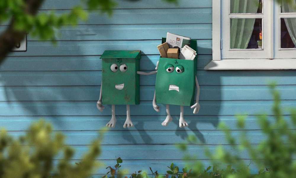 Illustration of two green mailboxes on a blue wall. The empty mailbox has a smiling face, while the mailbox full of letters, parcels and newspapers has a sad face.