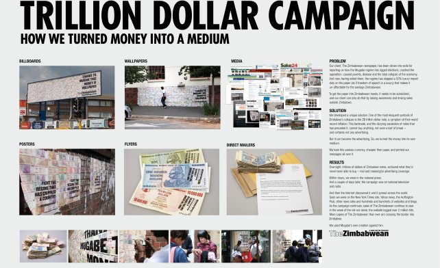 En flyer med teksten «Trillion dollar campaign. How we turned money into a medium.»