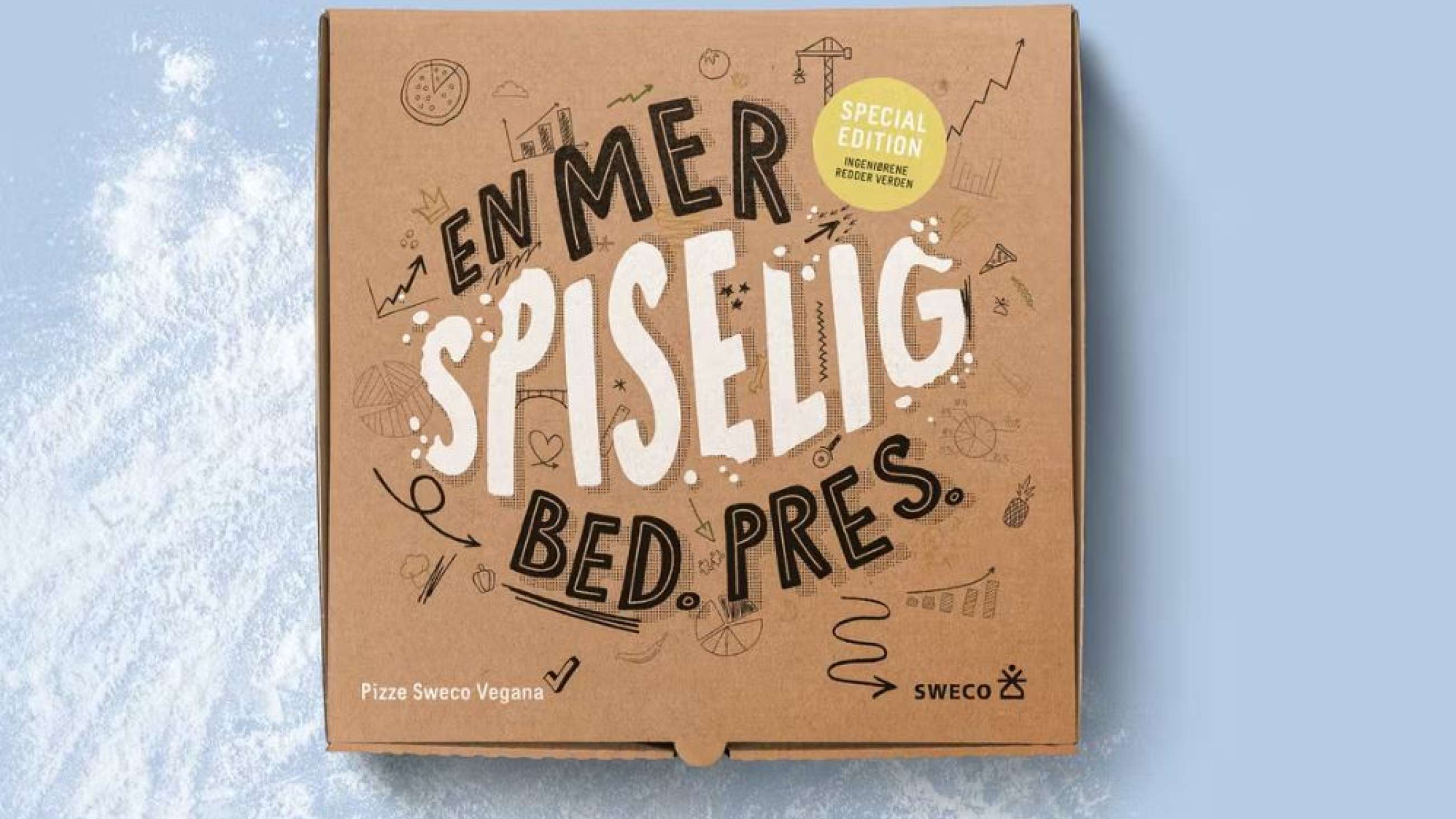 En pizza av papp med teksten "En mer spiselig Bed.Pres."