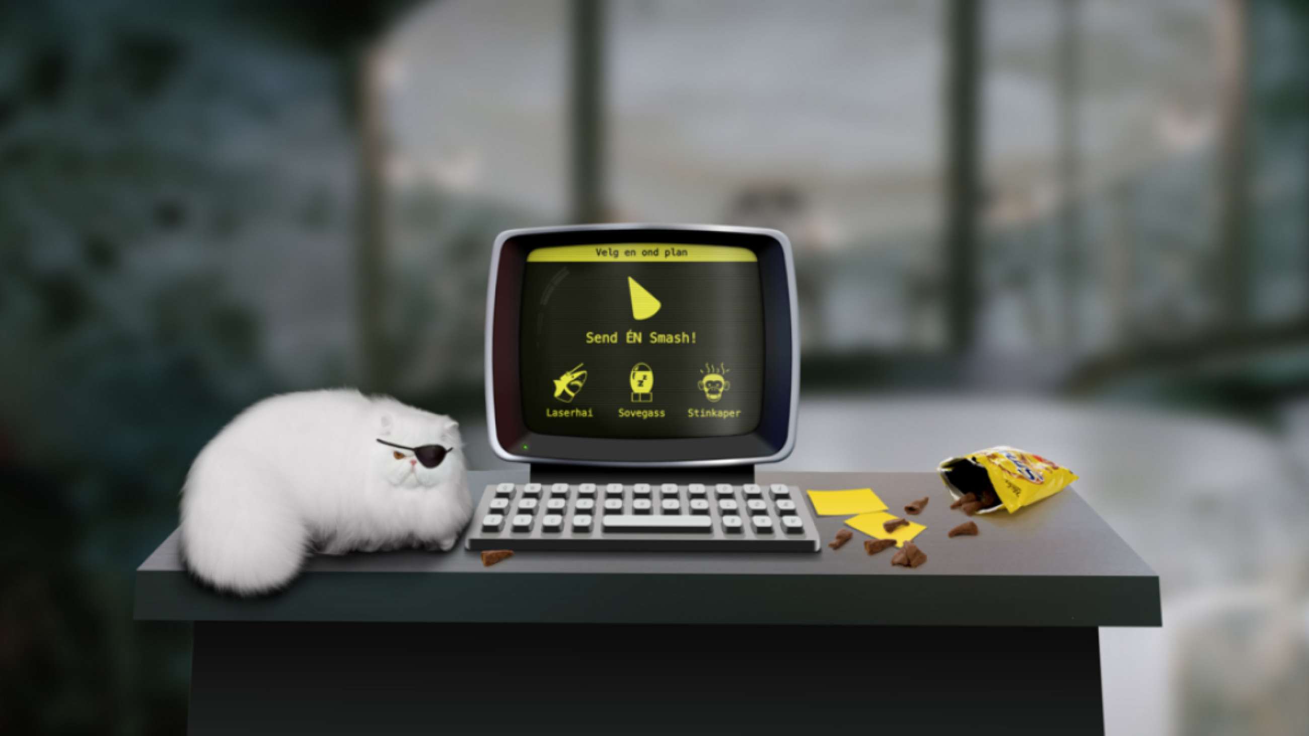 Illustrasjon fra Smash-kampanje. En hvit katt med lapp over øyet ved siden av en gammel pc og tastatur. En pose Smash ligger på bordet.