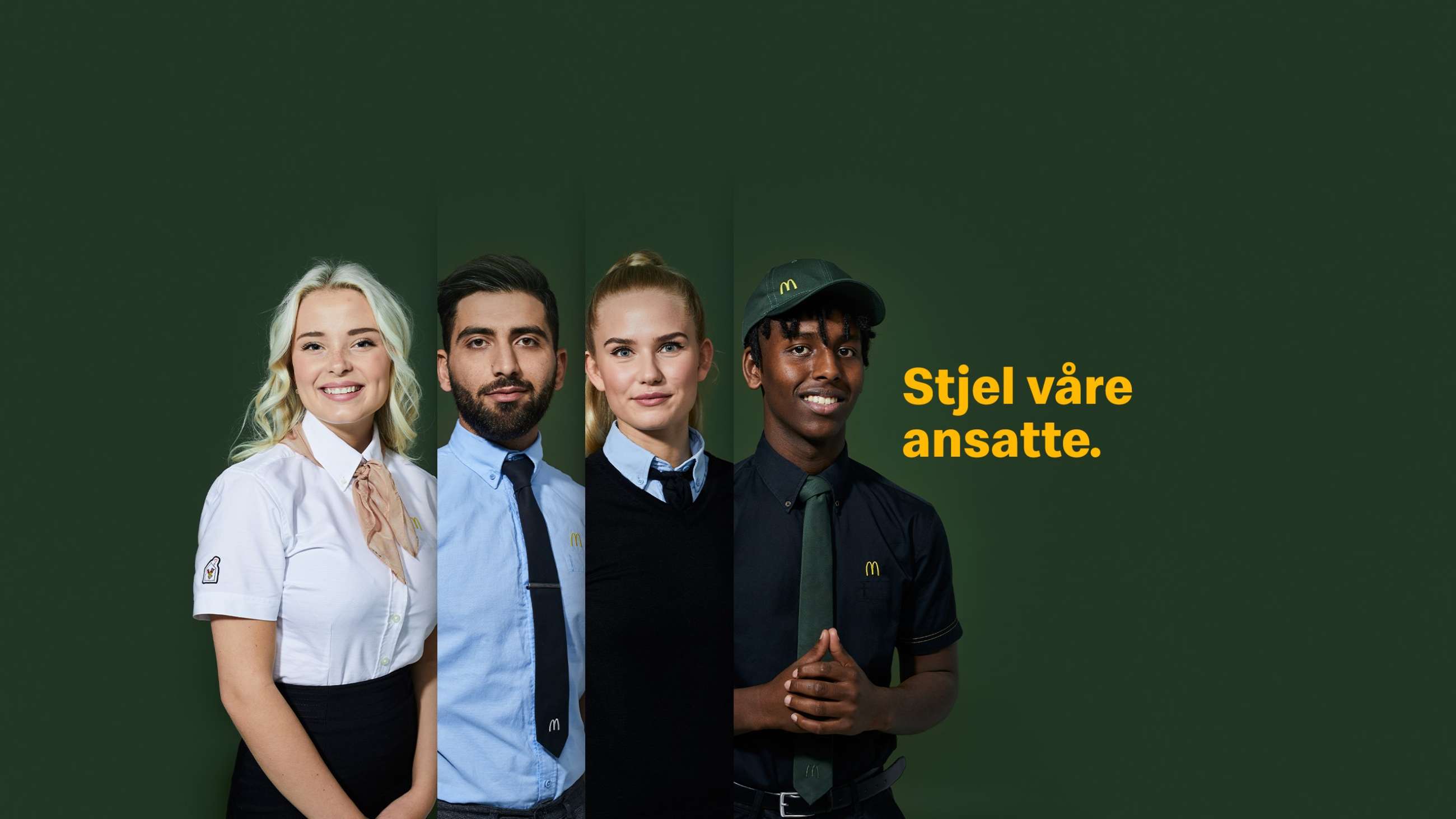 Fire McDonald's-ansatte i forskjellige arbeidsuniformer