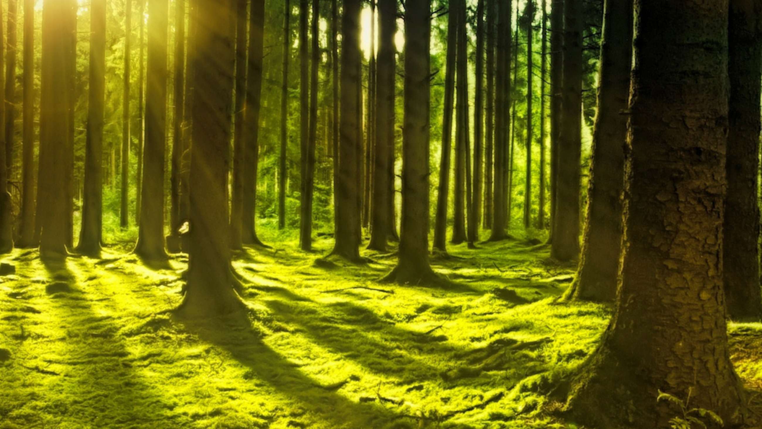 Solskinn mellom trær i skogen