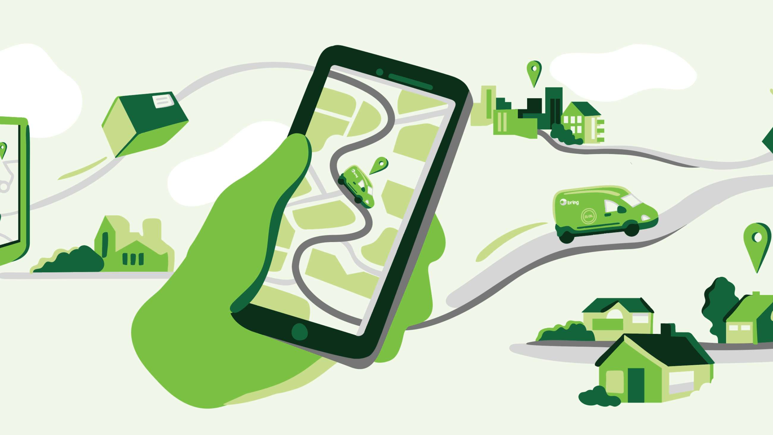Grønn illustrasjon av en hånd som holder en mobil med et kart på skjermen