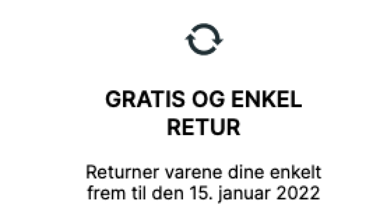 utsnitt av tydelig returinformasjon fra en nettbutikks forside som sier: Gratis og enkel retur