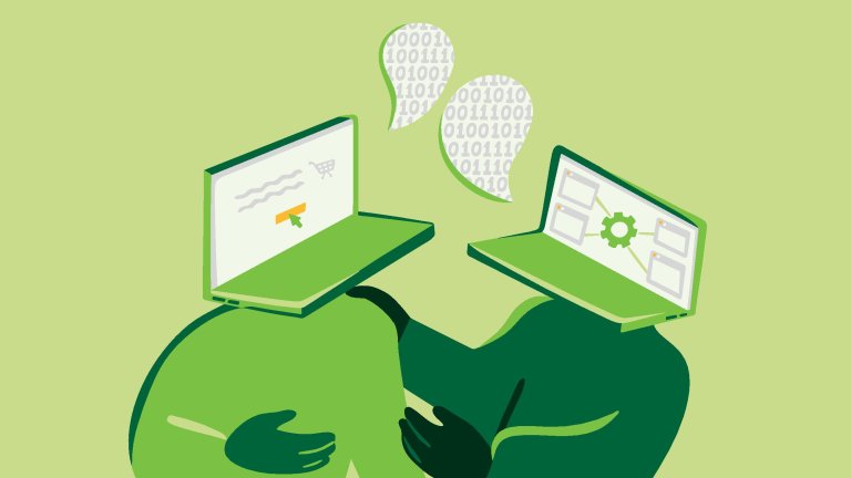 Illustrasjon som viser to laptoper som snakker med hverandre.