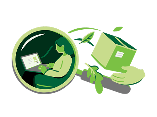 Illustrasjon av nettkunde som bestiller hjem pakker.