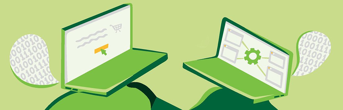 to illustrerte laptoper som snakker med hverandre.