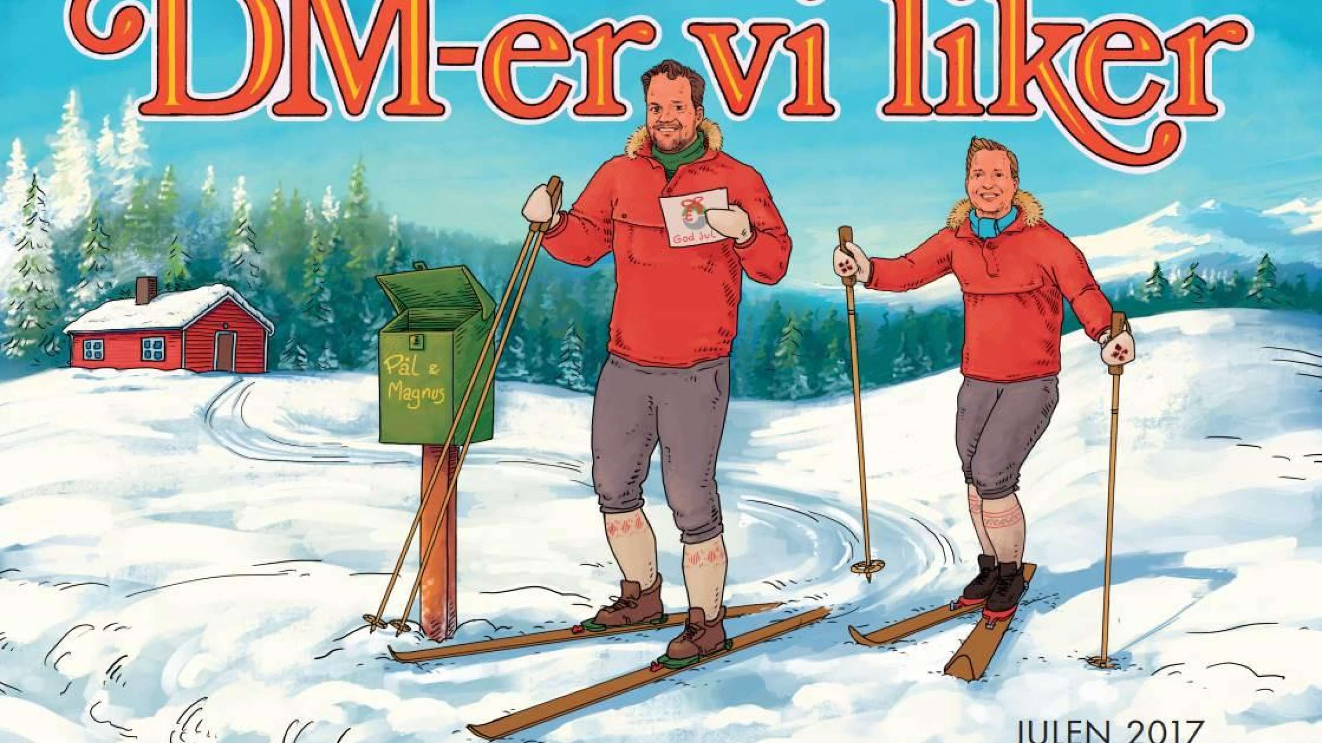 En illustrasjon av to menn på ski