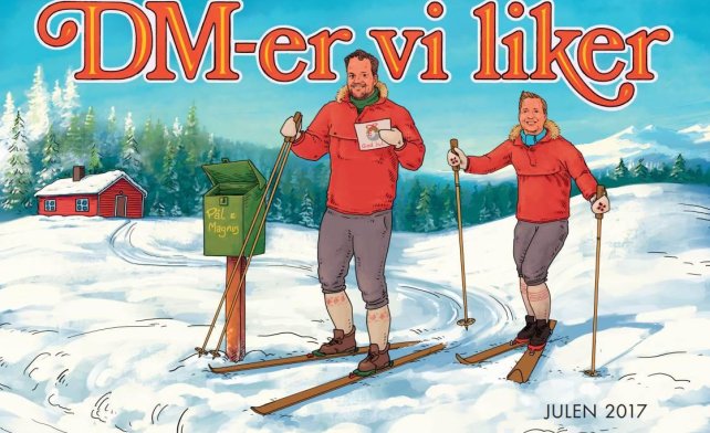 En illustrasjon av to menn på ski