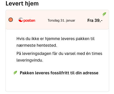 skjermdump av et fraktalternativ i kassen i nettbutikken.