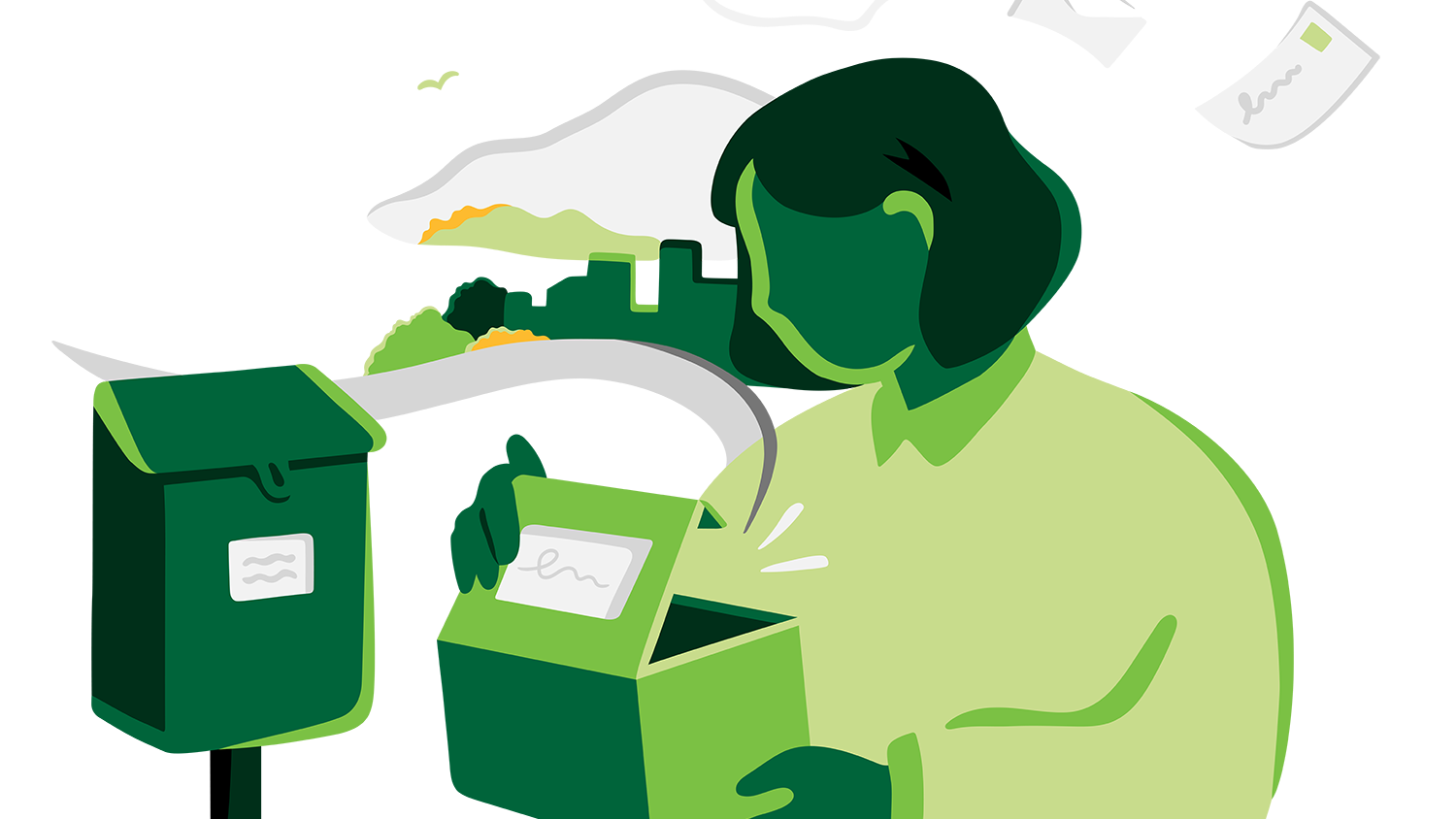 illustrasjon av kvinne som mottar pakke i postkassen.