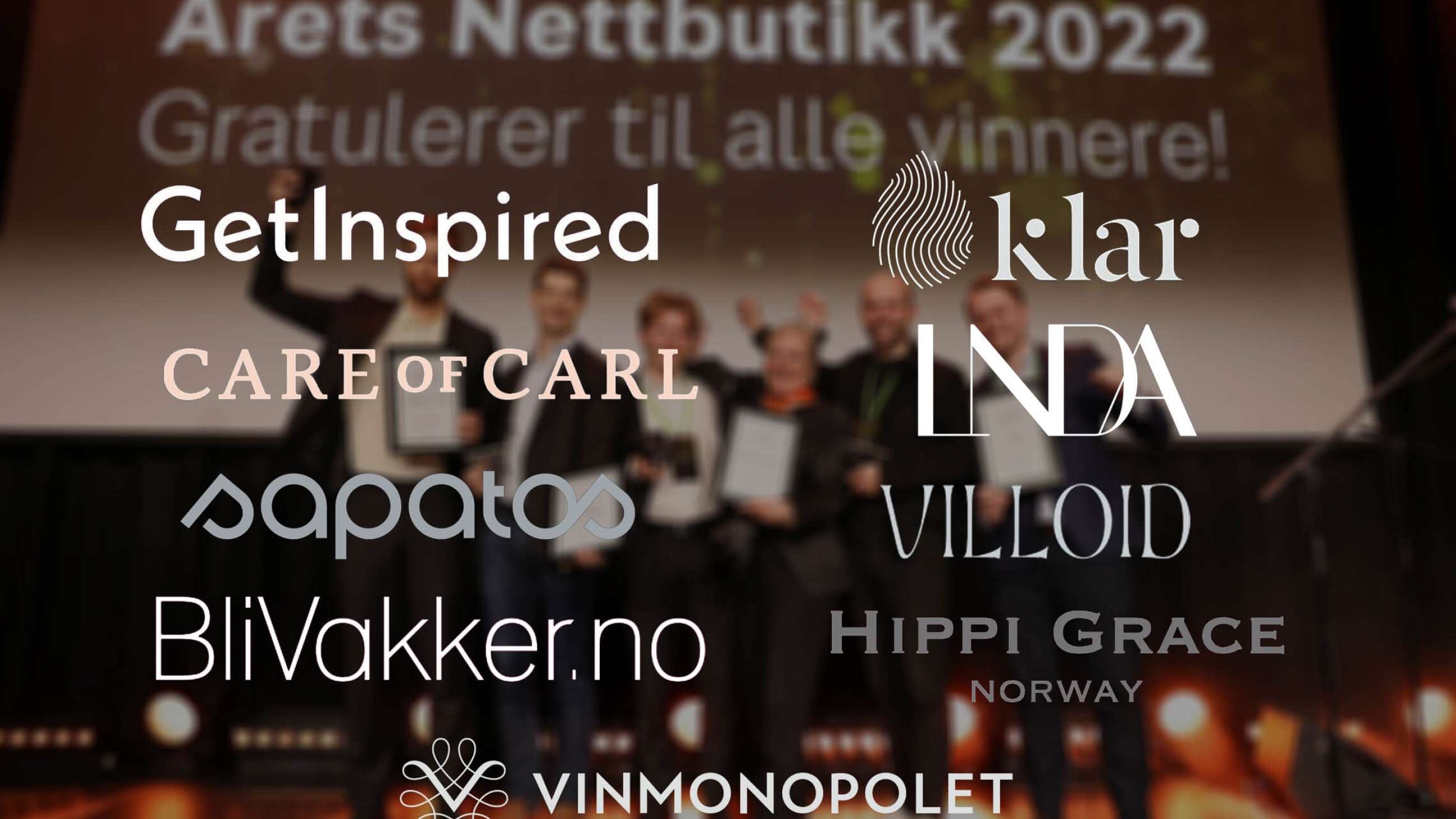 Logoene til alle finalistene: Hippi Grace, Klar Dag, Sapatos, Villoid, Care of Carl, Linda Johansen, Vinmonopolet, BliVakker og GetInspired