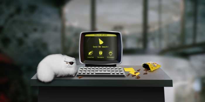 Illustrasjon fra Smash-kampanje. En hvit katt med lapp over øyet ved siden av en gammel pc og tastatur. En pose Smash ligger på bordet.