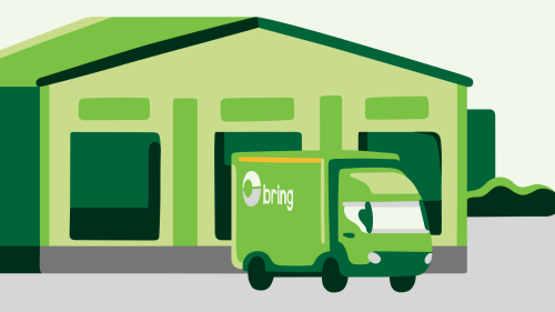 Illustrasjon av lagerbygning med Bring lastebil foran