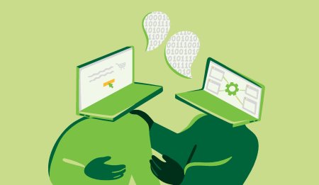 Illustrasjon av to menneskekropper med laptop som hode og datamaskiene snakker sammen via snakkebobler.