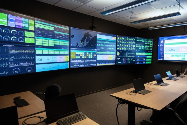 Fire store dataskjermer ved siden av hverandre på en vegg